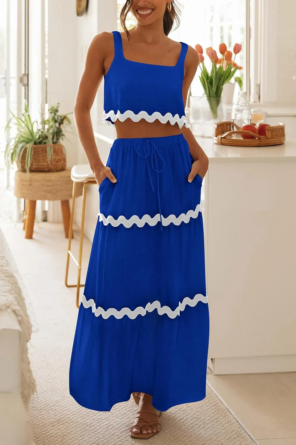 PRETTYGARDEN Women's Summer 2 Piece Beach Outfit Casual Sleeveless Cropped Tank Top High Waisted Maxi Skirt Set