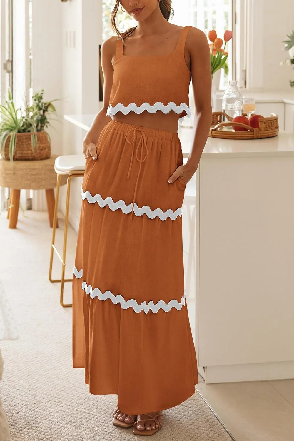 PRETTYGARDEN Women's Summer 2 Piece Beach Outfit Casual Sleeveless Cropped Tank Top High Waisted Maxi Skirt Set