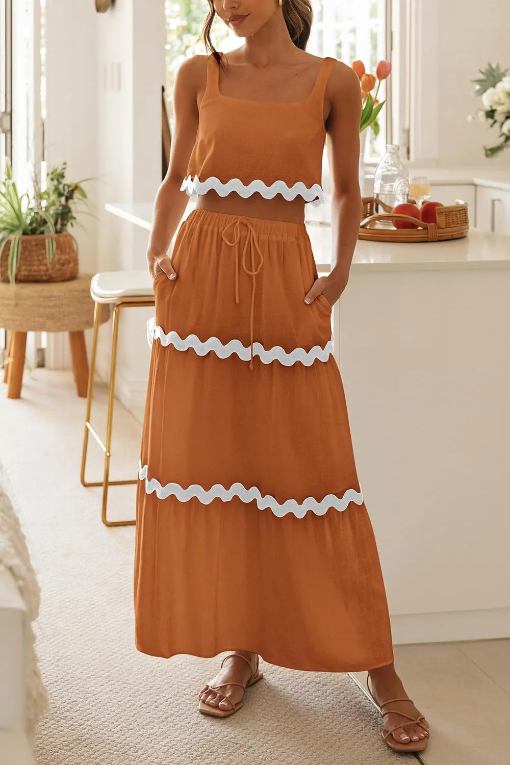 PRETTYGARDEN Women's Summer 2 Piece Beach Outfit Casual Sleeveless Cropped Tank Top High Waisted Maxi Skirt Set