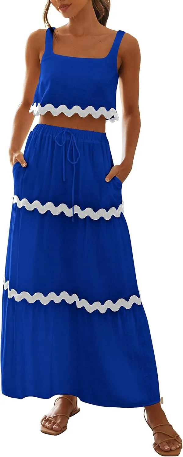 PRETTYGARDEN Women's Summer 2 Piece Beach Outfit Casual Sleeveless Cropped Tank Top High Waisted Maxi Skirt Set