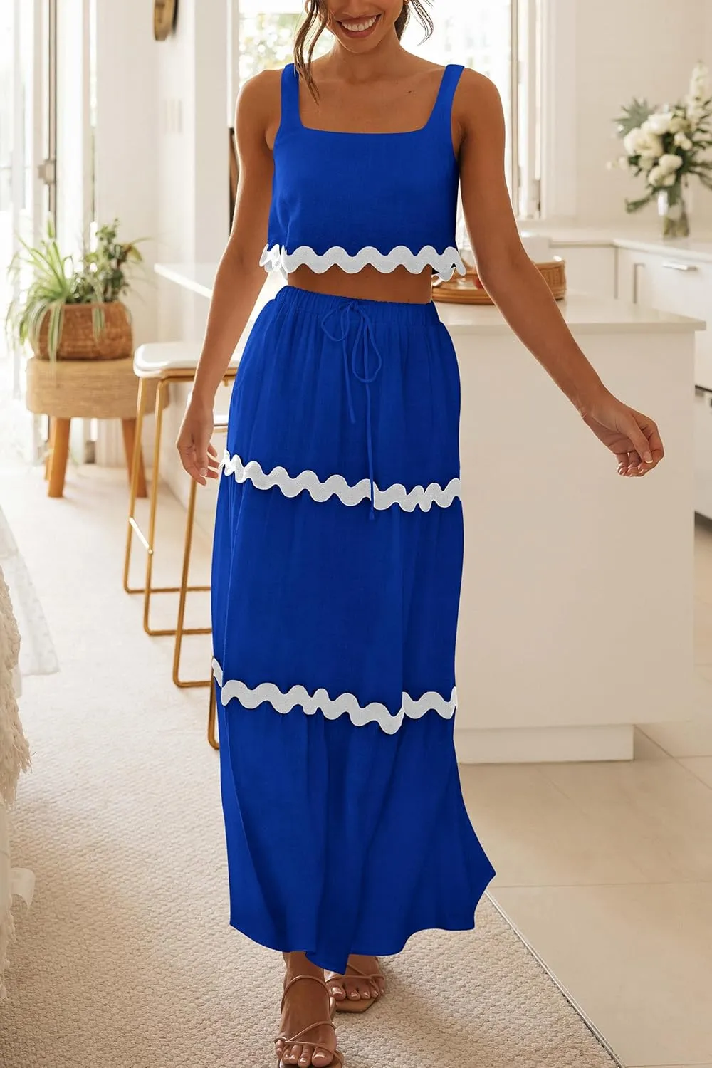 PRETTYGARDEN Women's Summer 2 Piece Beach Outfit Casual Sleeveless Cropped Tank Top High Waisted Maxi Skirt Set