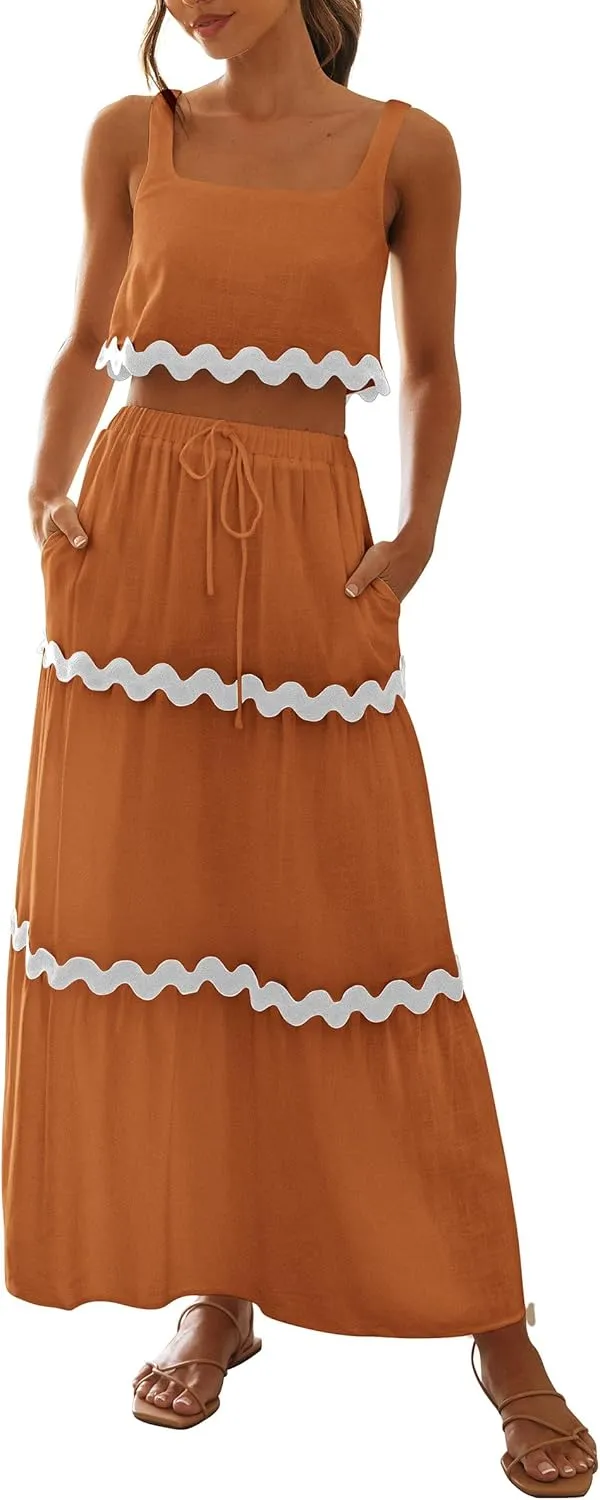PRETTYGARDEN Women's Summer 2 Piece Beach Outfit Casual Sleeveless Cropped Tank Top High Waisted Maxi Skirt Set