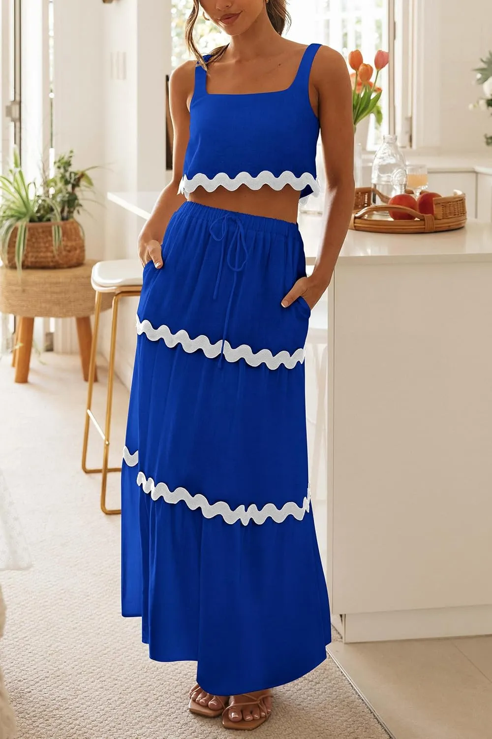 PRETTYGARDEN Women's Summer 2 Piece Beach Outfit Casual Sleeveless Cropped Tank Top High Waisted Maxi Skirt Set
