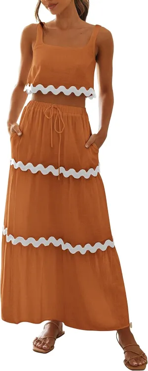 PRETTYGARDEN Women's Summer 2 Piece Beach Outfit Casual Sleeveless Cropped Tank Top High Waisted Maxi Skirt Set
