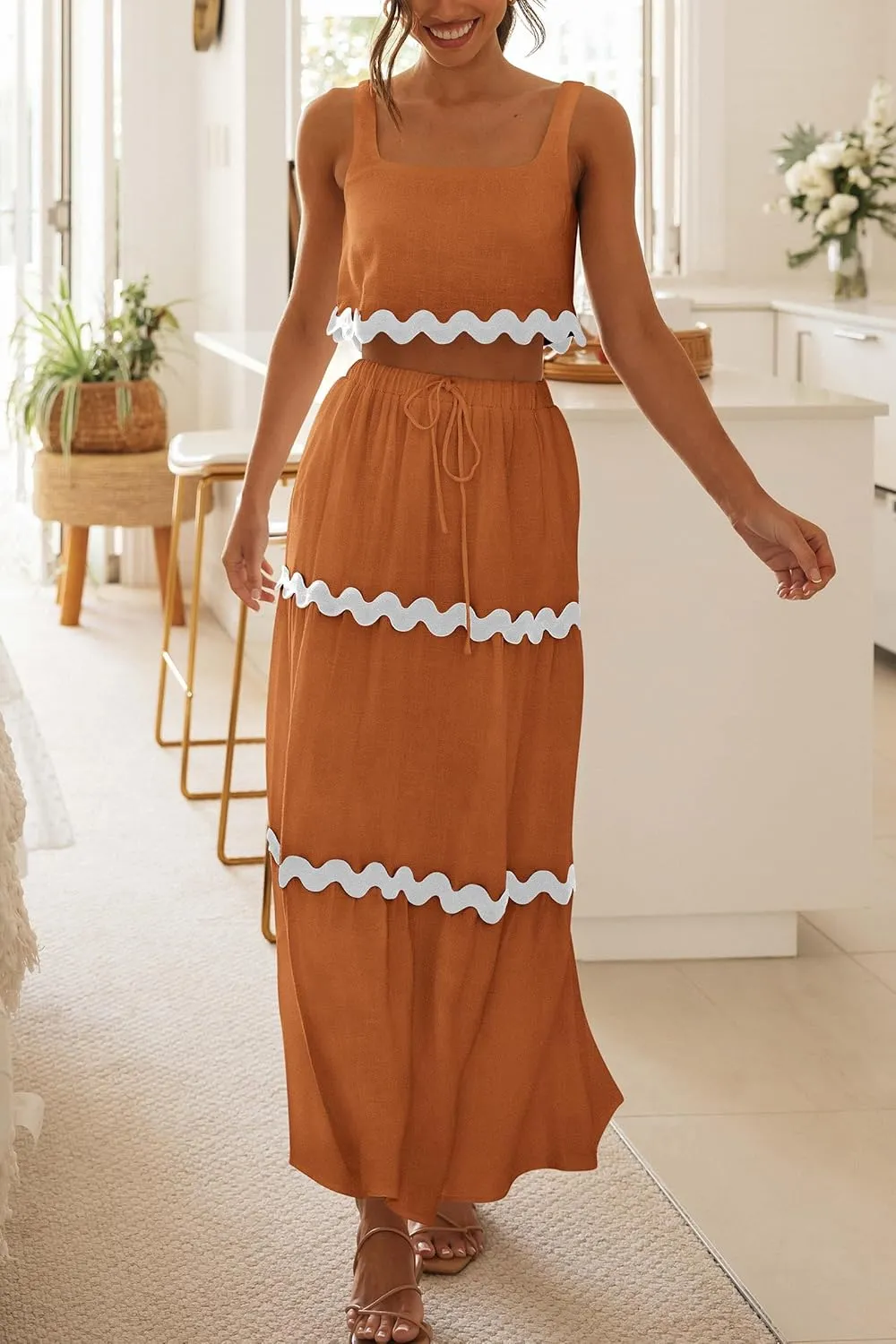 PRETTYGARDEN Women's Summer 2 Piece Beach Outfit Casual Sleeveless Cropped Tank Top High Waisted Maxi Skirt Set