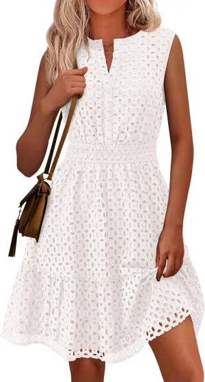 PRETTYGARDEN Women's Summer Dresses 2025 Sleeveless V Neck Eyelet Hollow Out Swing A Line Beach Vacation Sun Dress