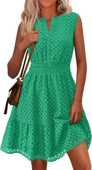 PRETTYGARDEN Women's Summer Dresses 2025 Sleeveless V Neck Eyelet Hollow Out Swing A Line Beach Vacation Sun Dress