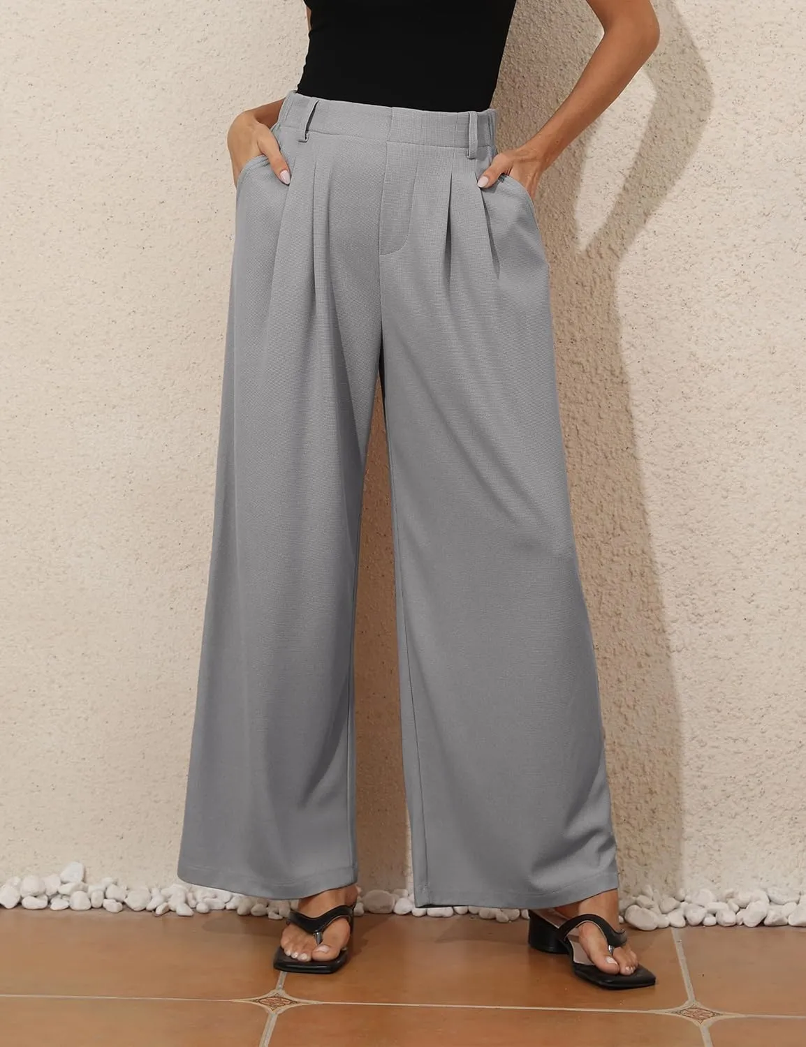 PrettyGuide Women's Wide Leg Dress Pants Elastic High Waisted Waffle Knit Work Pants Casual Palazzo Trousers with Pockets