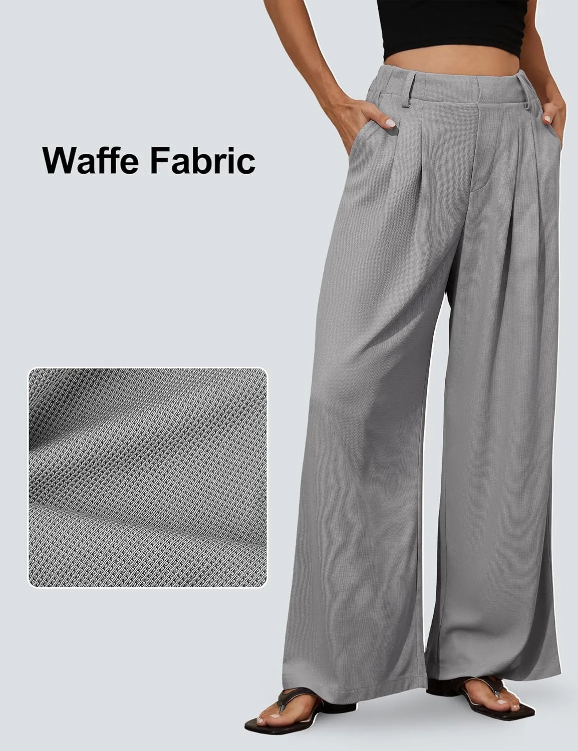 PrettyGuide Women's Wide Leg Dress Pants Elastic High Waisted Waffle Knit Work Pants Casual Palazzo Trousers with Pockets