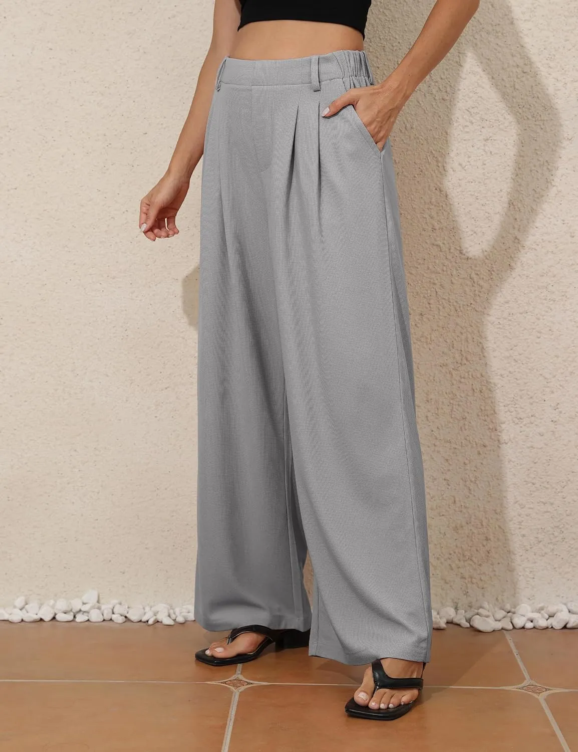 PrettyGuide Women's Wide Leg Dress Pants Elastic High Waisted Waffle Knit Work Pants Casual Palazzo Trousers with Pockets