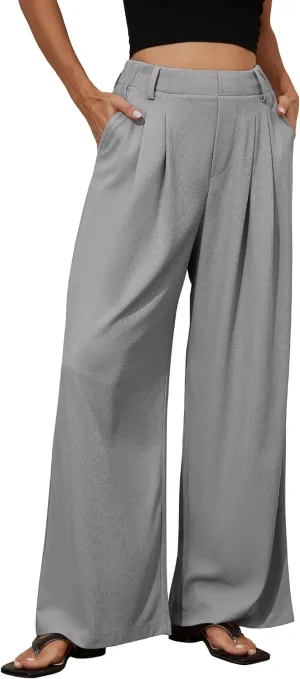 PrettyGuide Women's Wide Leg Dress Pants Elastic High Waisted Waffle Knit Work Pants Casual Palazzo Trousers with Pockets