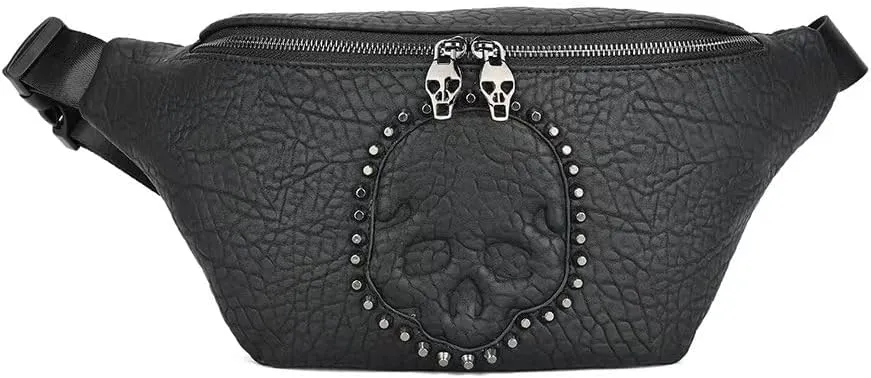 Punk Skull Leather Fanny Pack for Women Men Waist Bag with Double Zippers Belt Bag Black Cross Body Bag Travel Purse