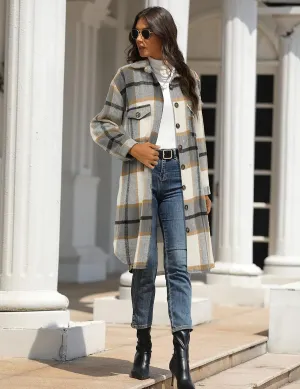 PUWEI Women's Casual Lapel Button Down Long Plaid Shirt Coat Tartan Shacket Jacket