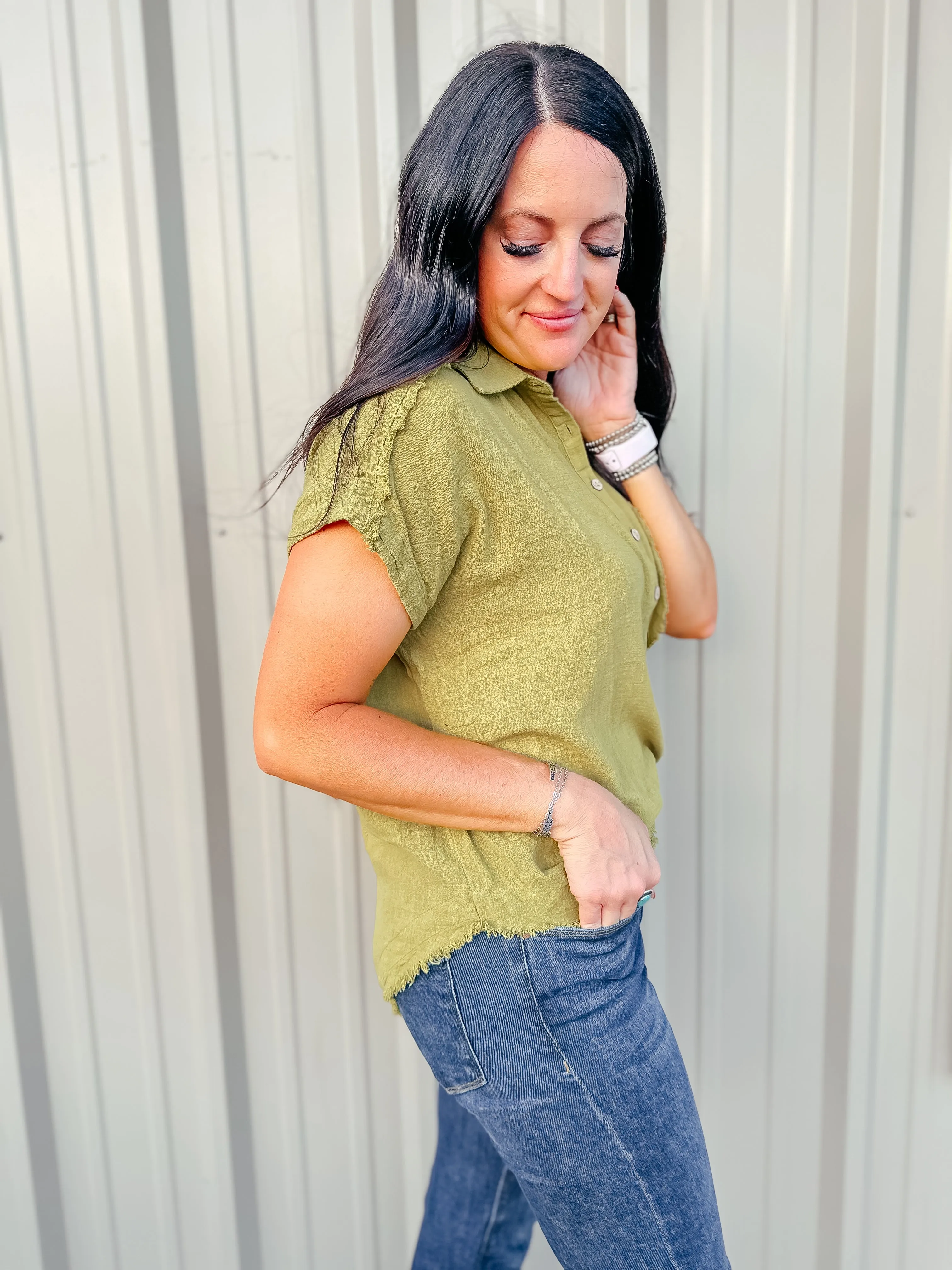 Rena Raw Edge Dolman Sleeve Blouse Green