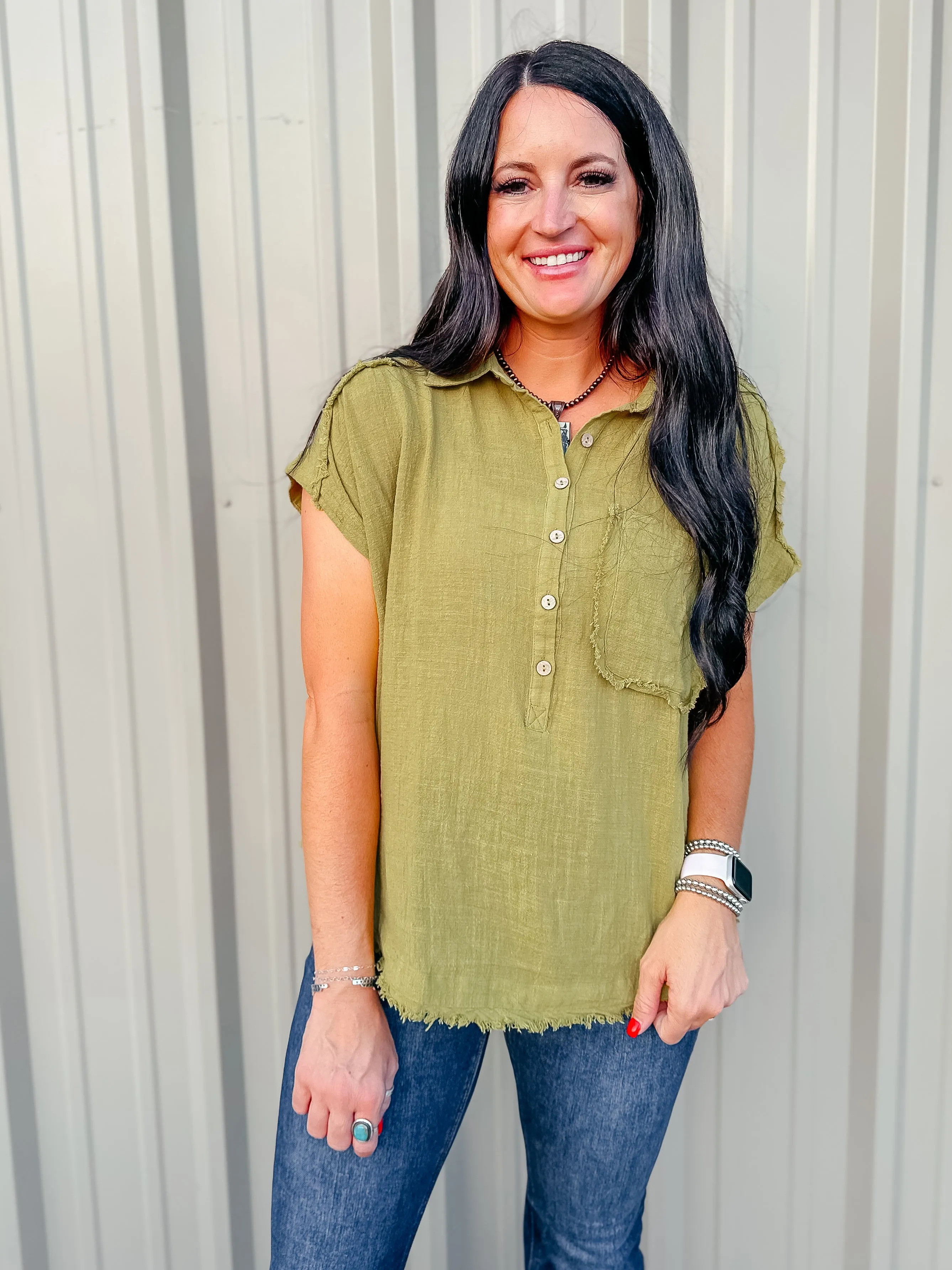 Rena Raw Edge Dolman Sleeve Blouse Green