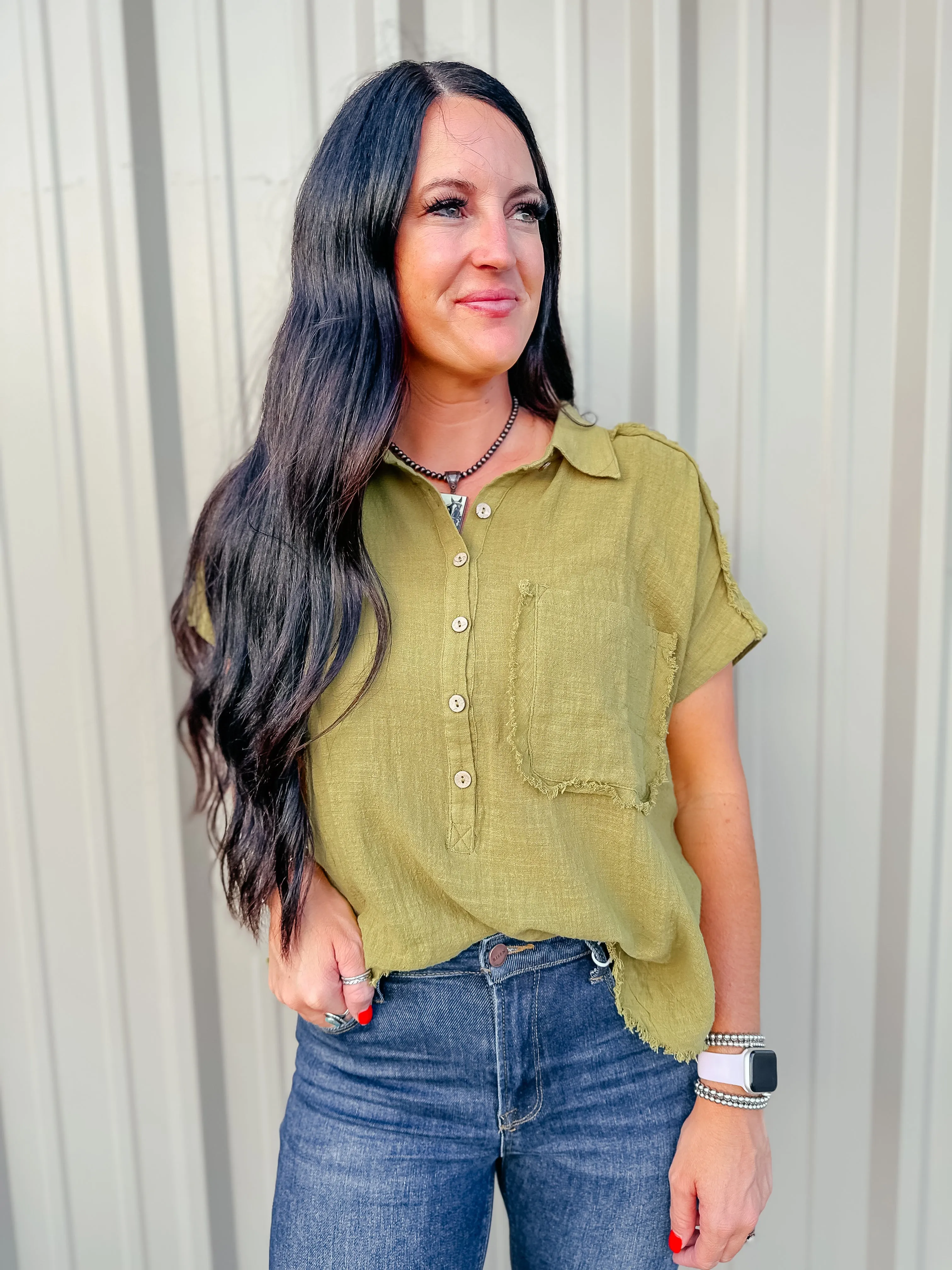 Rena Raw Edge Dolman Sleeve Blouse Green