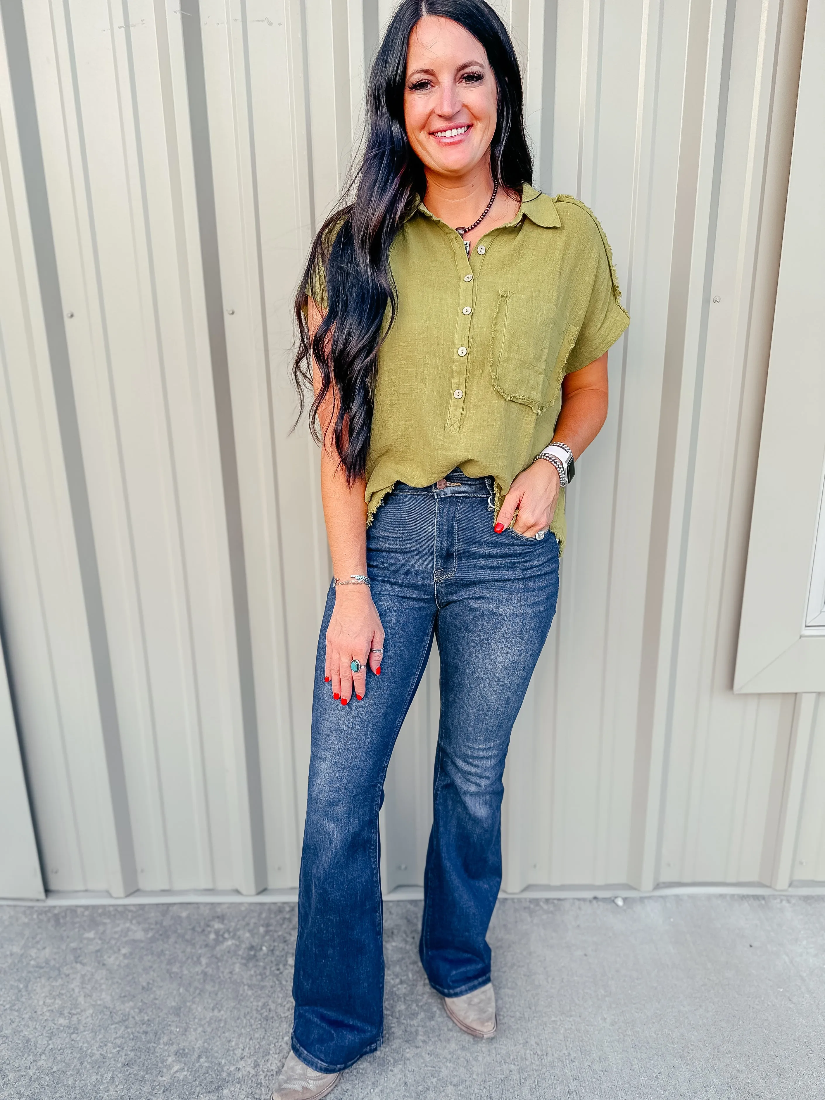 Rena Raw Edge Dolman Sleeve Blouse Green