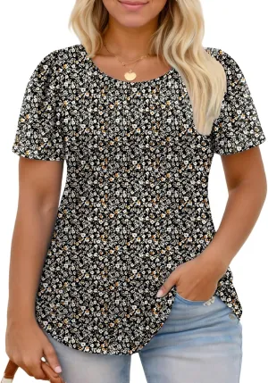 ROSRISS Plus Size Tops for Women Summer Flowy Pleated T Shirts Dressy Crew Neck Tees Casual Short Sleeve Blouses XL-5XL