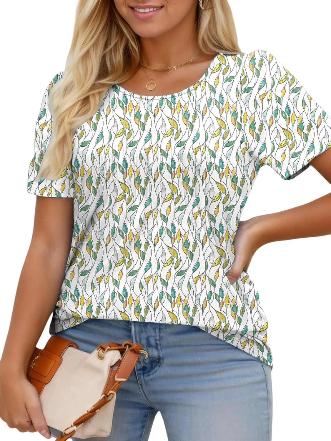 ROSRISS Plus Size Tops for Women Summer Flowy Pleated T Shirts Dressy Crew Neck Tees Casual Short Sleeve Blouses XL-5XL