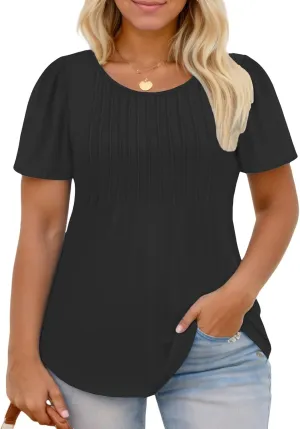 ROSRISS Plus Size Tops for Women Summer Flowy Pleated T Shirts Dressy Crew Neck Tees Casual Short Sleeve Blouses XL-5XL