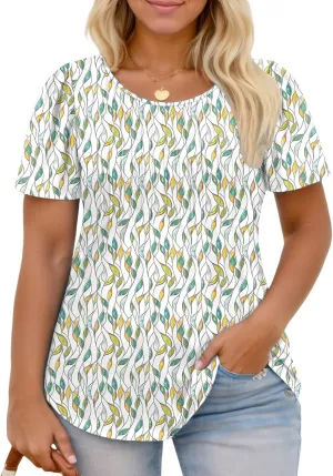 ROSRISS Plus Size Tops for Women Summer Flowy Pleated T Shirts Dressy Crew Neck Tees Casual Short Sleeve Blouses XL-5XL