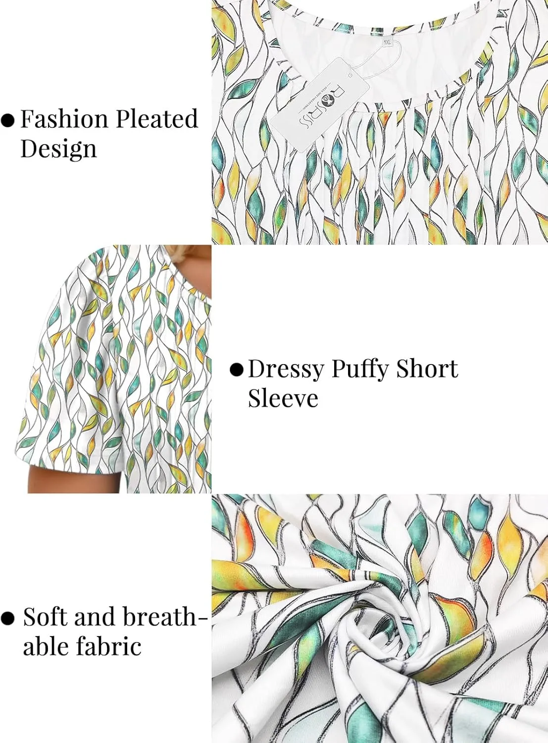 ROSRISS Plus Size Tops for Women Summer Flowy Pleated T Shirts Dressy Crew Neck Tees Casual Short Sleeve Blouses XL-5XL