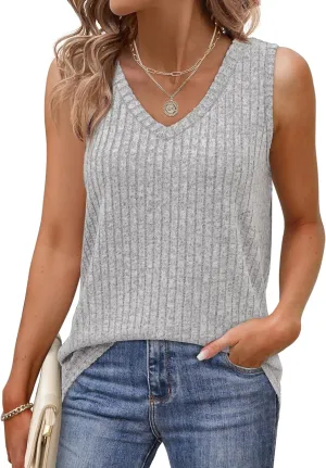 Saloogoe Tank Tops for Women 2025 V Neck Summer Sweaters Vest Lightweight Curved Hem Spring Beach Fashion