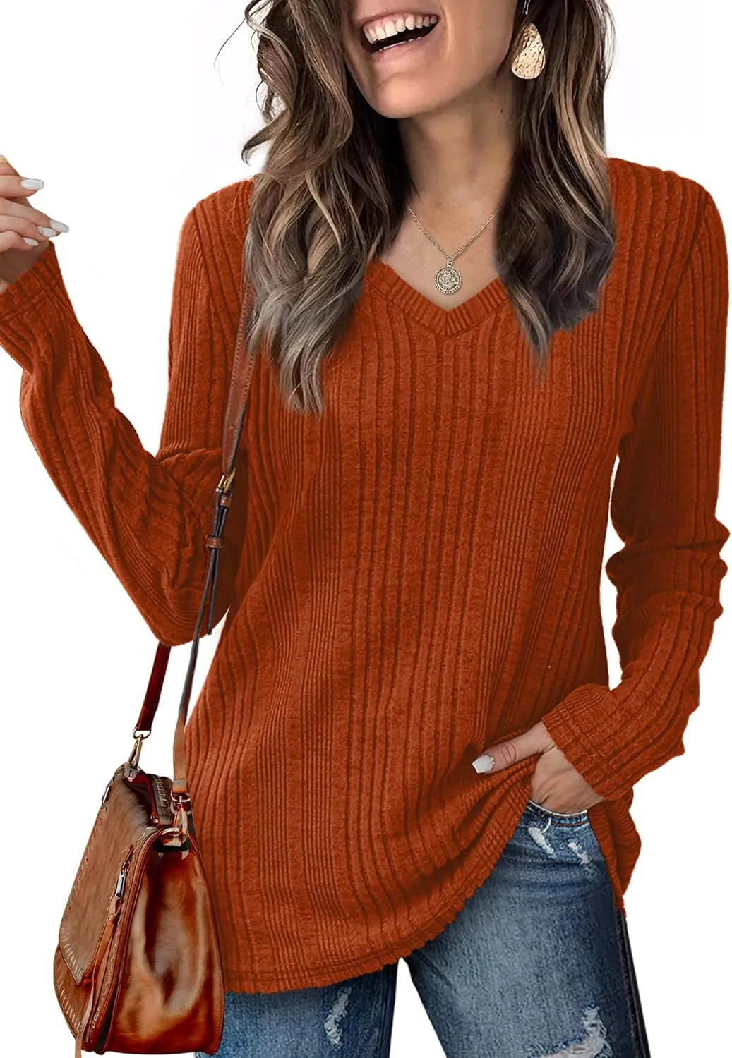 Saloogoe Womens Long Sleeve Tops V Neck Shirts Lightweight Tunic Sweaters Fashion 2024