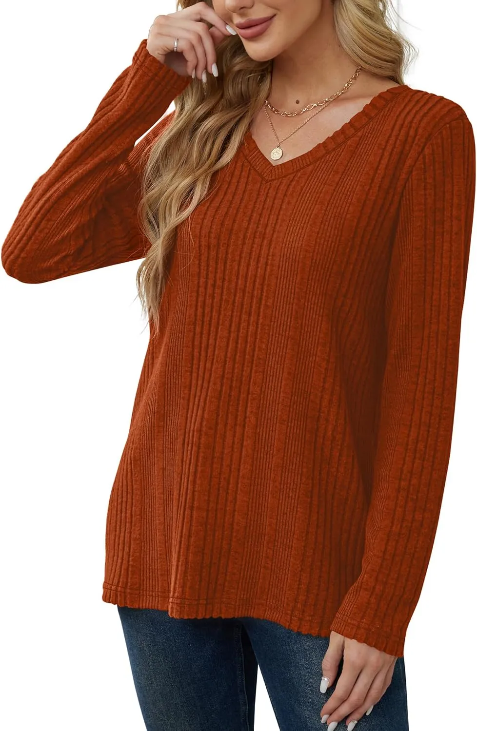 Saloogoe Womens Long Sleeve Tops V Neck Shirts Lightweight Tunic Sweaters Fashion 2024