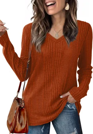Saloogoe Womens Long Sleeve Tops V Neck Shirts Lightweight Tunic Sweaters Fashion 2024