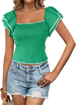 Saodimallsu Womens Cropped Ruffle Short Sleeve Sweater Square Neck Crop Knit Tops Summer Lightweight Pullover Shirts