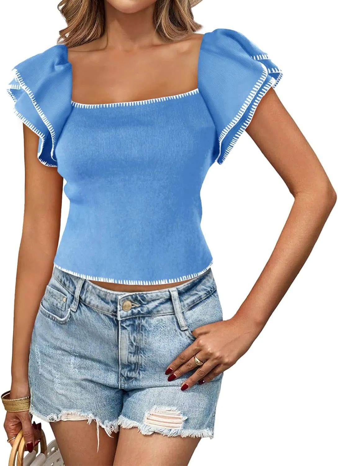 Saodimallsu Womens Cropped Ruffle Short Sleeve Sweater Square Neck Crop Knit Tops Summer Lightweight Pullover Shirts