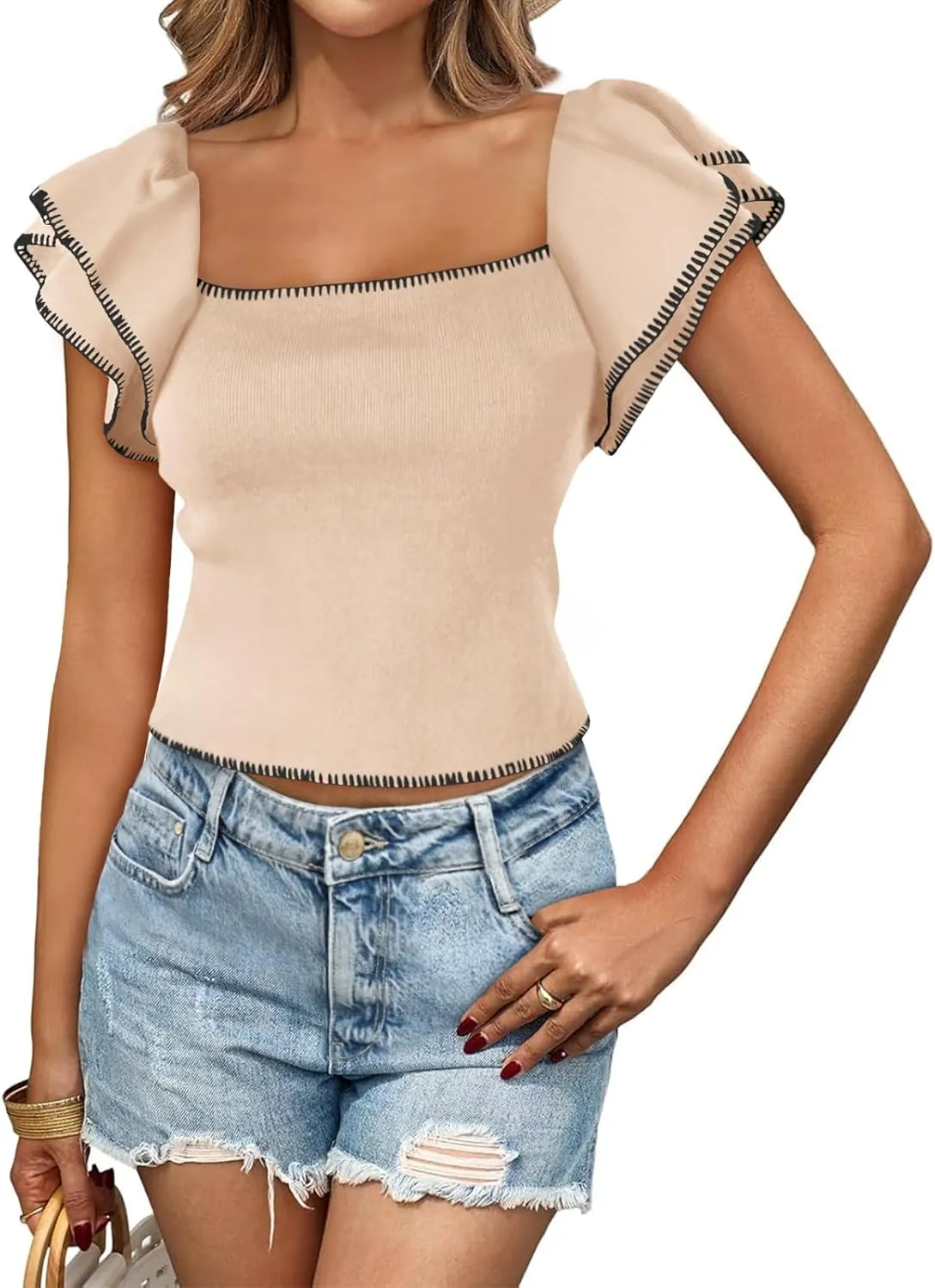 Saodimallsu Womens Cropped Ruffle Short Sleeve Sweater Square Neck Crop Knit Tops Summer Lightweight Pullover Shirts
