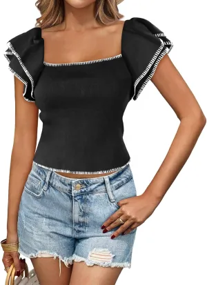 Saodimallsu Womens Cropped Ruffle Short Sleeve Sweater Square Neck Crop Knit Tops Summer Lightweight Pullover Shirts
