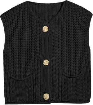 Saodimallsu Womens Sleeveless Cropped Sweater Vest Crochet Chunky Knit Button Down Cardigan Vests Tops with Pockets