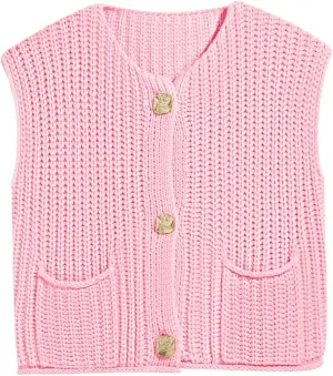 Saodimallsu Womens Sleeveless Cropped Sweater Vest Crochet Chunky Knit Button Down Cardigan Vests Tops with Pockets