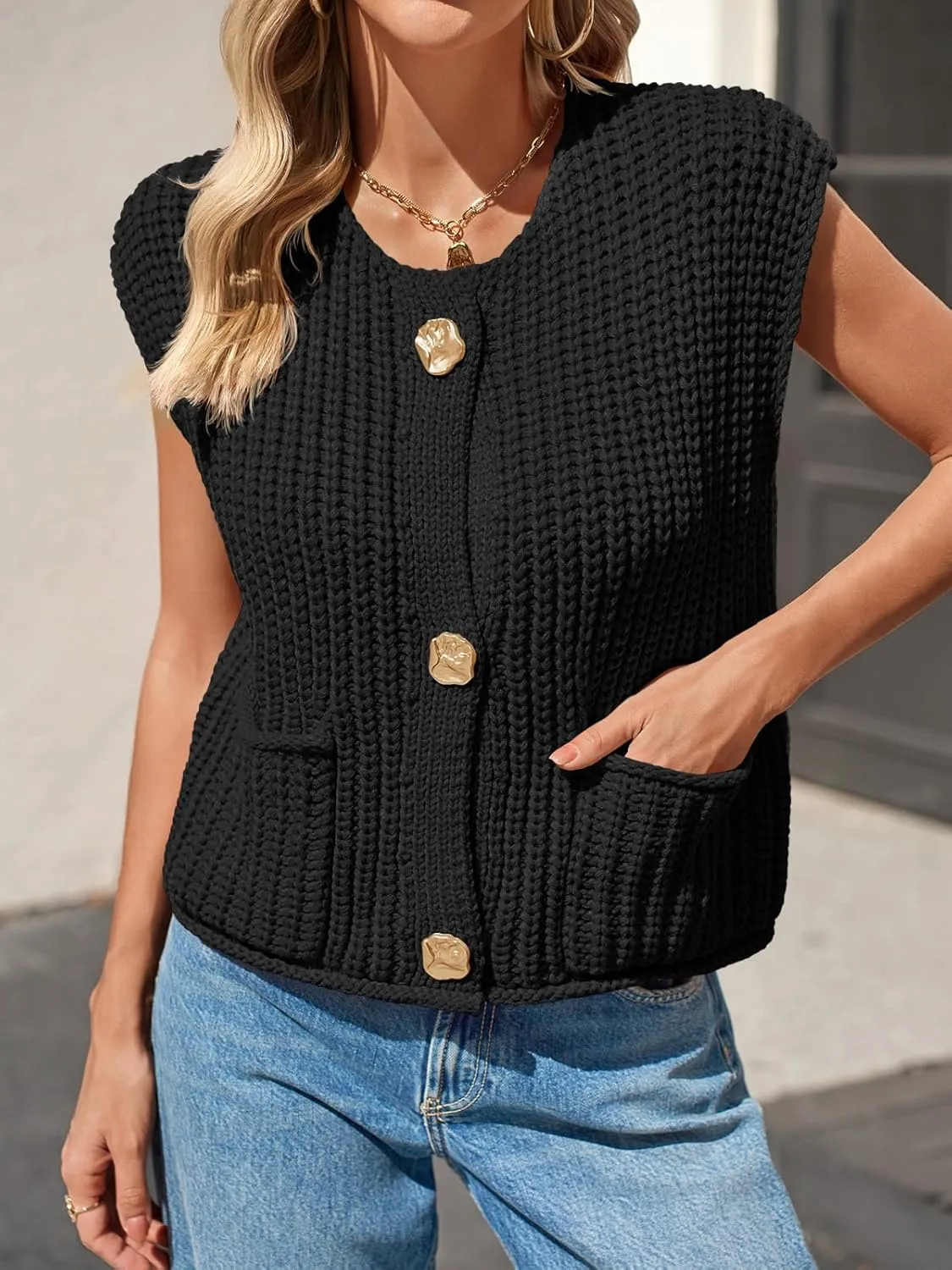 Saodimallsu Womens Sleeveless Cropped Sweater Vest Crochet Chunky Knit Button Down Cardigan Vests Tops with Pockets