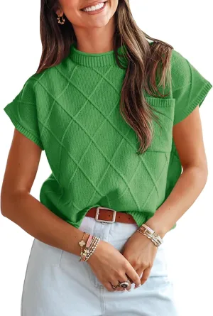 Saodimallsu Womens Summer Mock Neck Sweater Cap Sleeve Lightweight Sweater Vest Casual Loose Knit Pullover Tank Tops