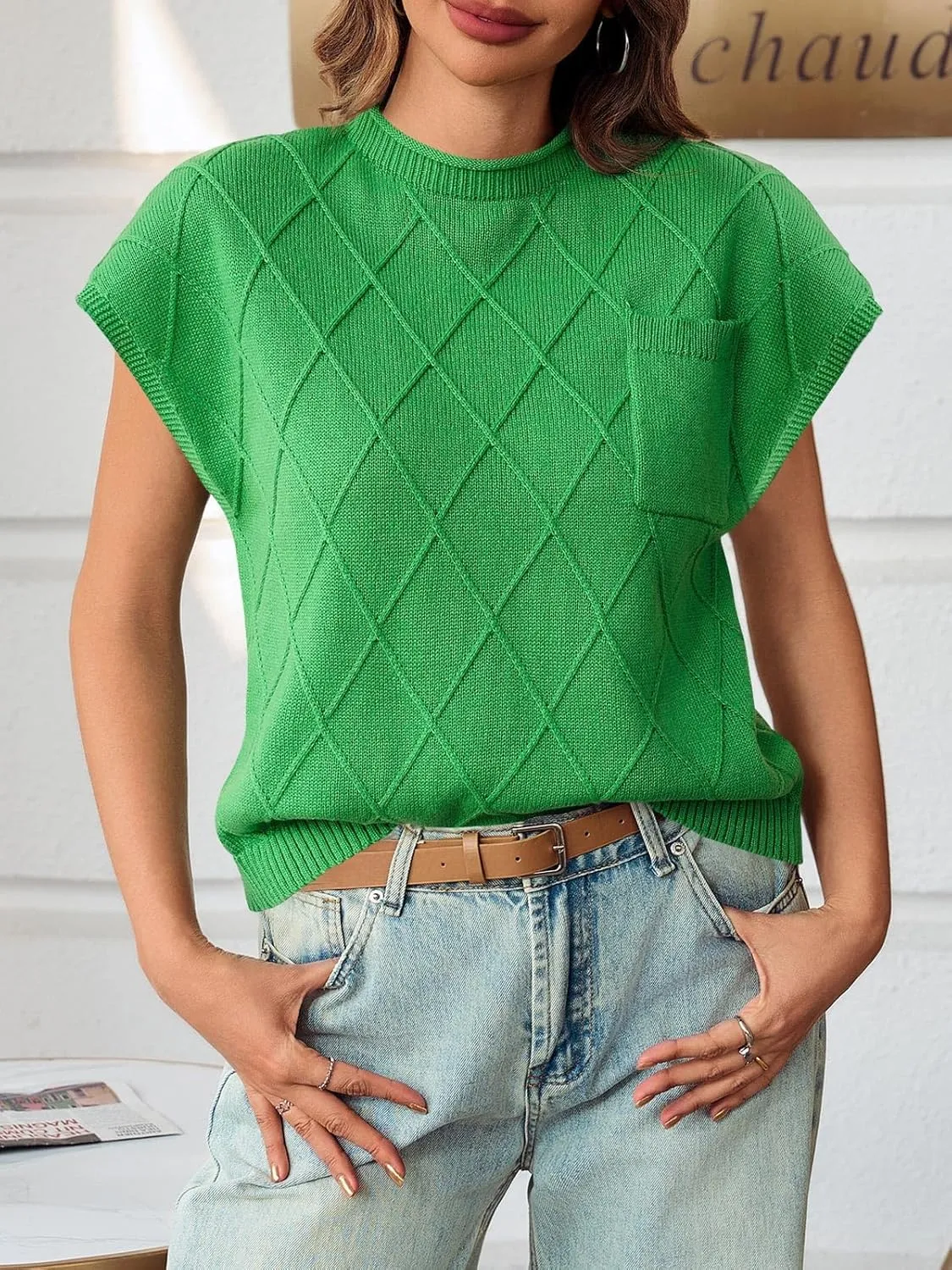 Saodimallsu Womens Summer Mock Neck Sweater Cap Sleeve Lightweight Sweater Vest Casual Loose Knit Pullover Tank Tops