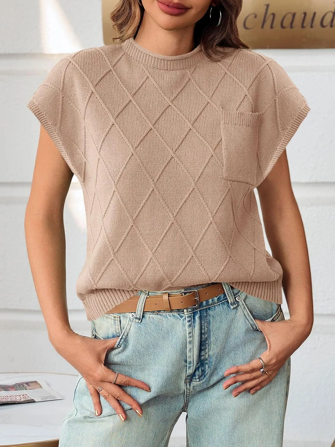Saodimallsu Womens Summer Mock Neck Sweater Cap Sleeve Lightweight Sweater Vest Casual Loose Knit Pullover Tank Tops