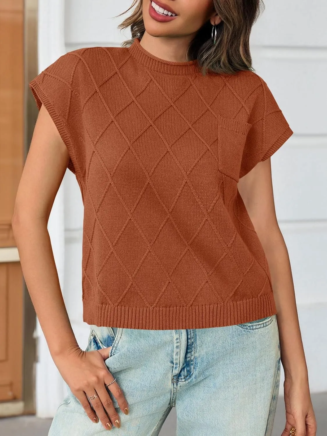 Saodimallsu Womens Summer Mock Neck Sweater Cap Sleeve Lightweight Sweater Vest Casual Loose Knit Pullover Tank Tops