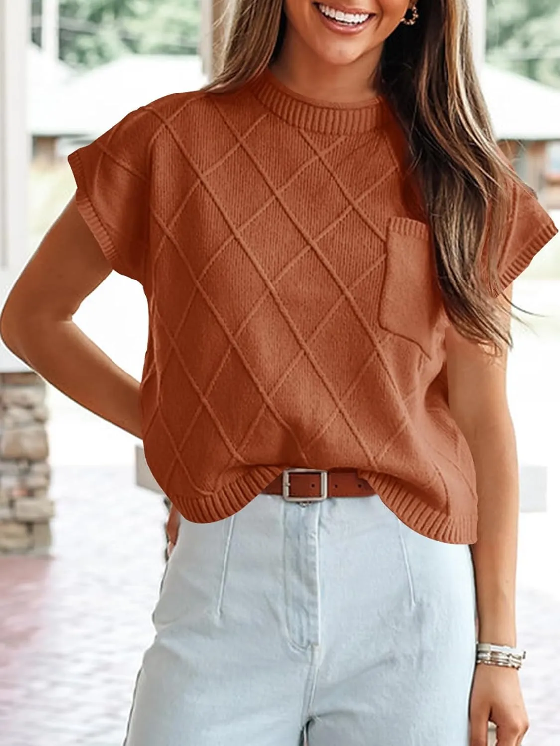 Saodimallsu Womens Summer Mock Neck Sweater Cap Sleeve Lightweight Sweater Vest Casual Loose Knit Pullover Tank Tops