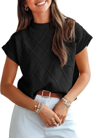 Saodimallsu Womens Summer Mock Neck Sweater Cap Sleeve Lightweight Sweater Vest Casual Loose Knit Pullover Tank Tops