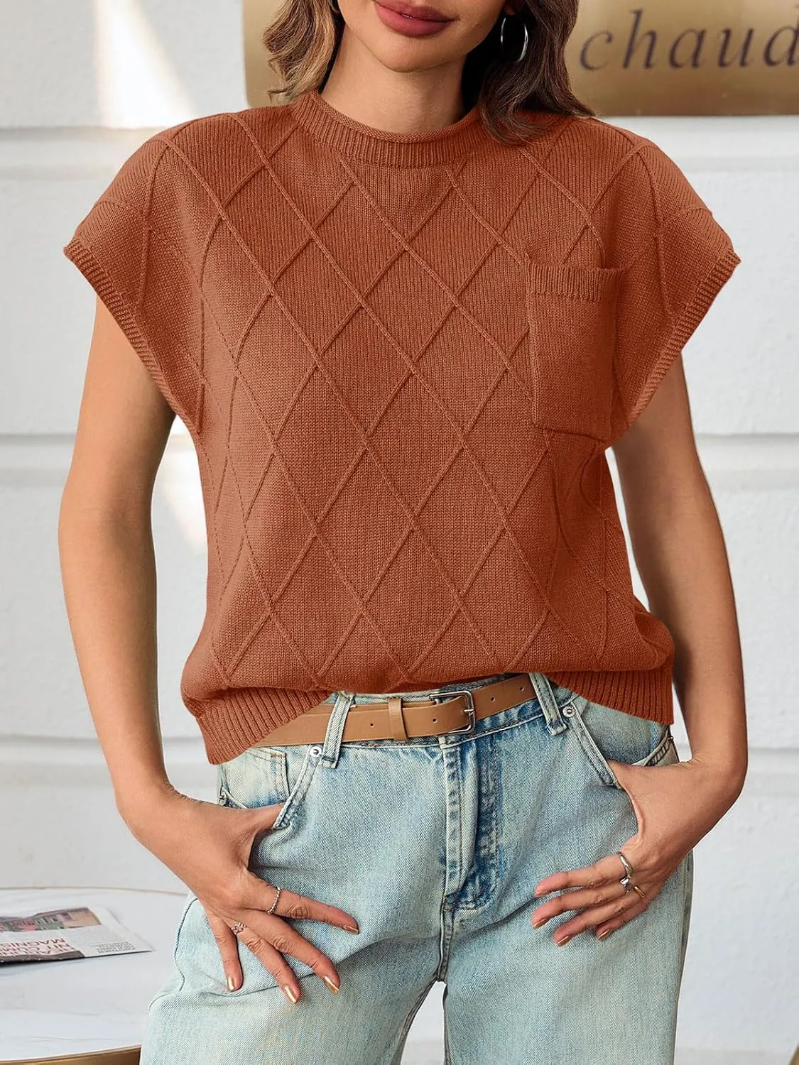 Saodimallsu Womens Summer Mock Neck Sweater Cap Sleeve Lightweight Sweater Vest Casual Loose Knit Pullover Tank Tops