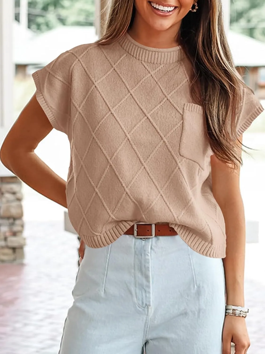 Saodimallsu Womens Summer Mock Neck Sweater Cap Sleeve Lightweight Sweater Vest Casual Loose Knit Pullover Tank Tops