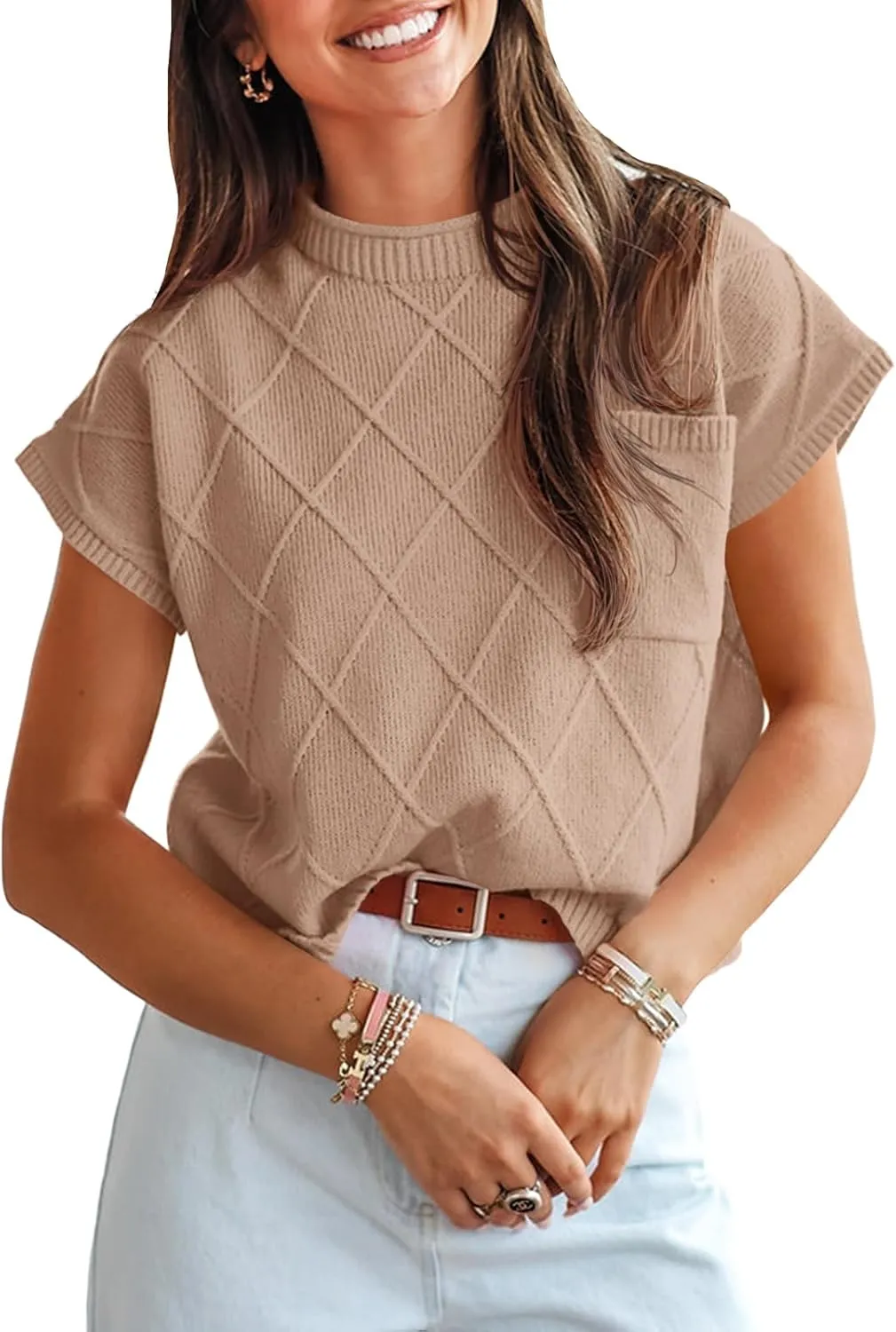 Saodimallsu Womens Summer Mock Neck Sweater Cap Sleeve Lightweight Sweater Vest Casual Loose Knit Pullover Tank Tops
