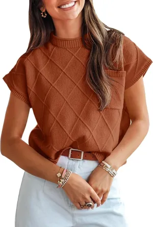 Saodimallsu Womens Summer Mock Neck Sweater Cap Sleeve Lightweight Sweater Vest Casual Loose Knit Pullover Tank Tops