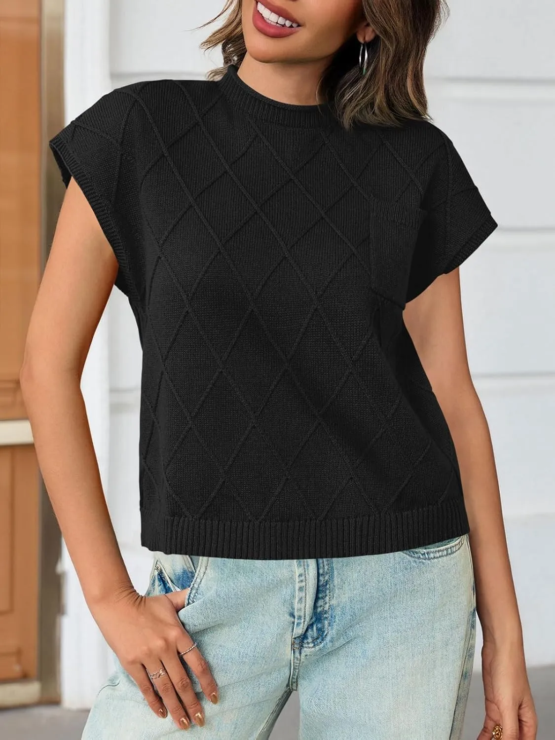 Saodimallsu Womens Summer Mock Neck Sweater Cap Sleeve Lightweight Sweater Vest Casual Loose Knit Pullover Tank Tops