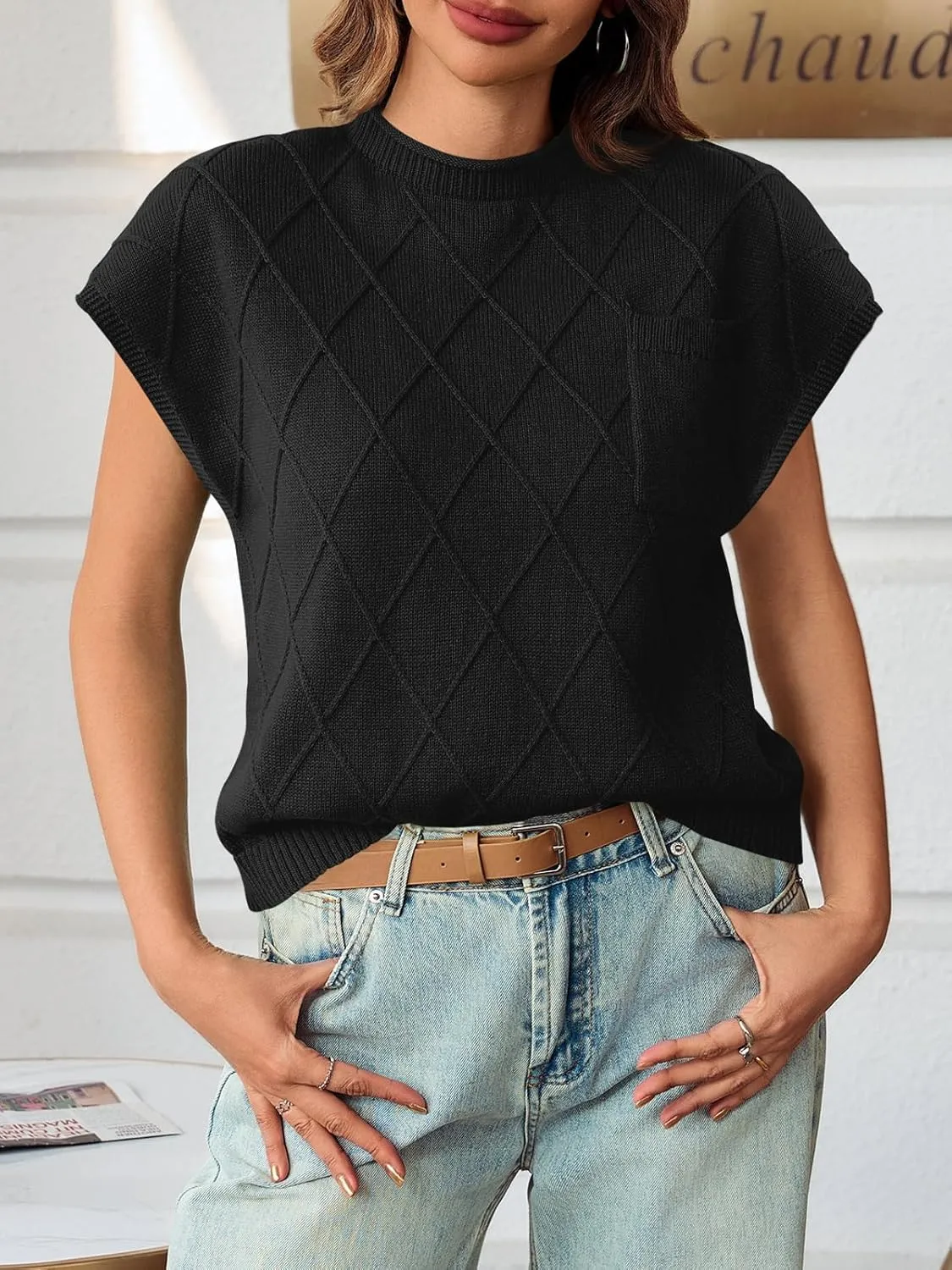 Saodimallsu Womens Summer Mock Neck Sweater Cap Sleeve Lightweight Sweater Vest Casual Loose Knit Pullover Tank Tops