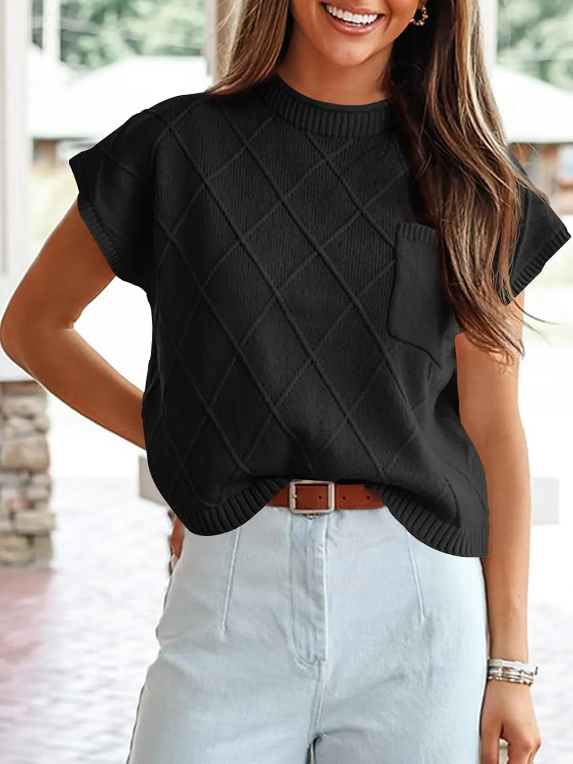 Saodimallsu Womens Summer Mock Neck Sweater Cap Sleeve Lightweight Sweater Vest Casual Loose Knit Pullover Tank Tops